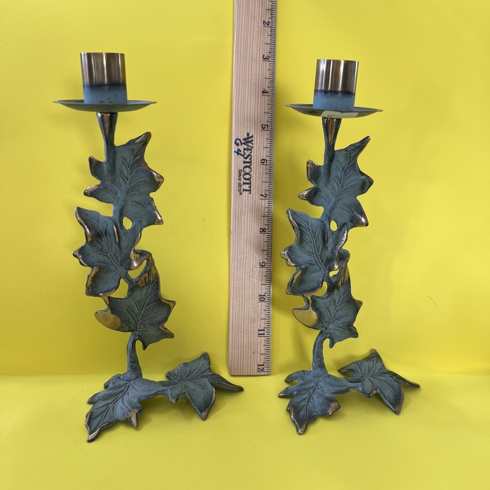 Vintage Pair of Two Faux Verdigris Ivy Leafs Candlestick Holder Partylite Taiwan